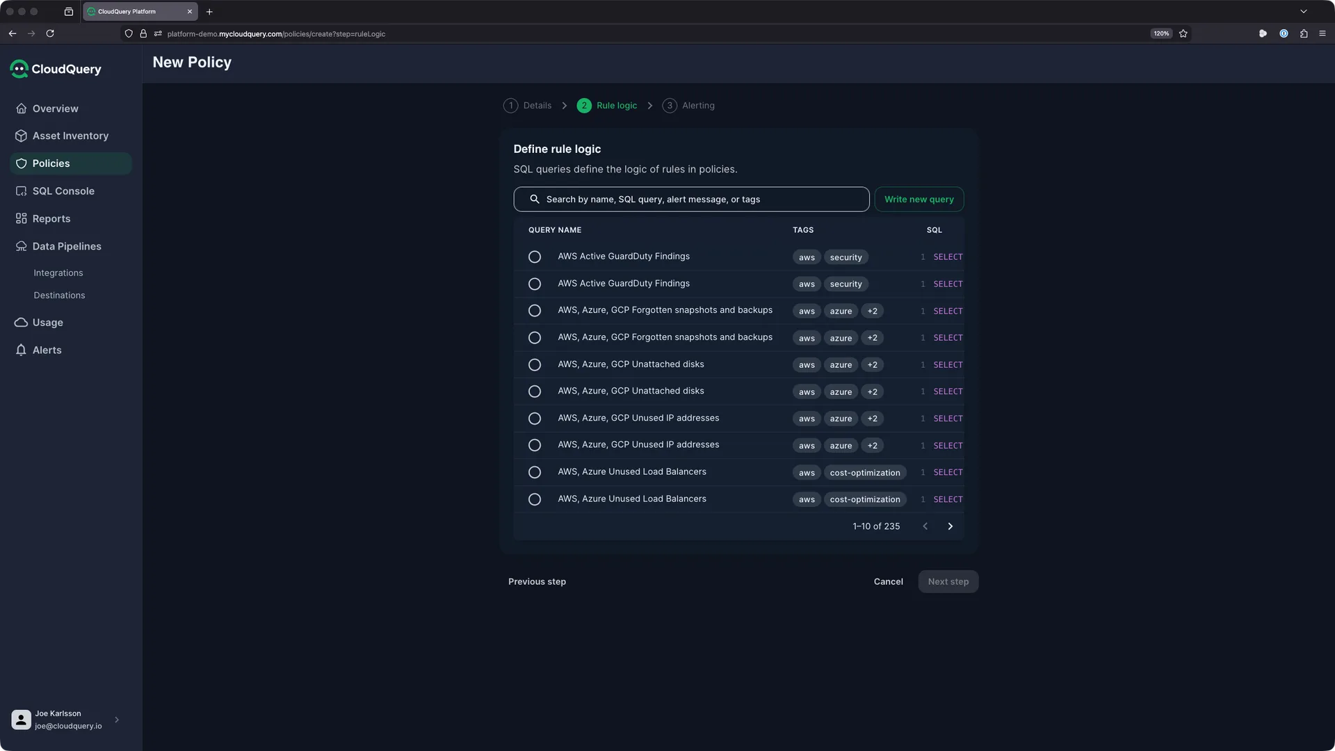 Rule logic editor showing query library with pre-built queries tagged by cloud provider and category