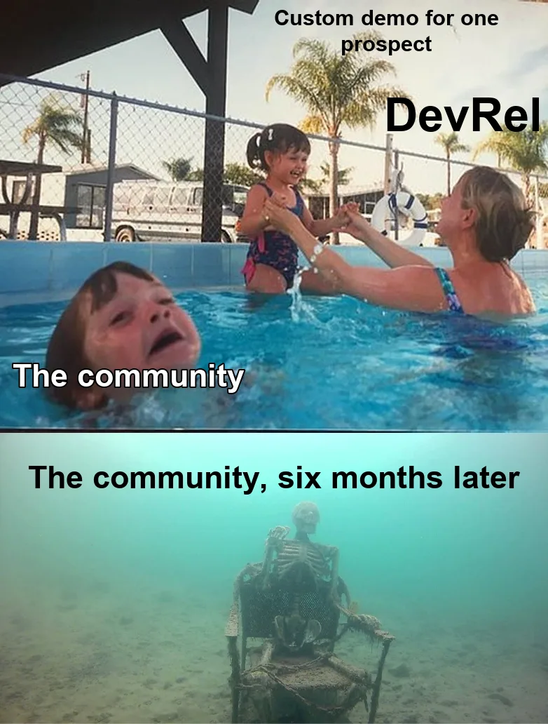 Mother Ignoring Kid Drowning In A Pool meme: a mother labeled "DevRel" happily plays with a child labeled "Custom demo for one prospect" while a kid labeled "The community" struggles in the water; in the bottom panel, a skeleton at the bottom of the pool is labeled "The community, six months later"