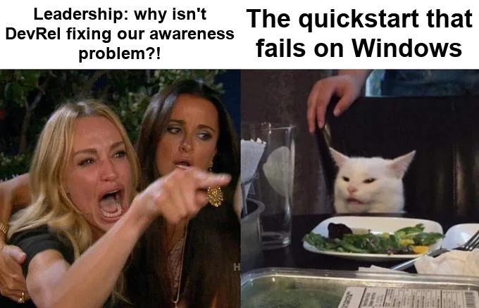 Woman Yelling At Cat meme: the yelling woman is captioned "Leadership: why isn't DevRel fixing our awareness problem?!" and the unbothered cat at the dinner table is captioned "The quickstart that fails on Windows"