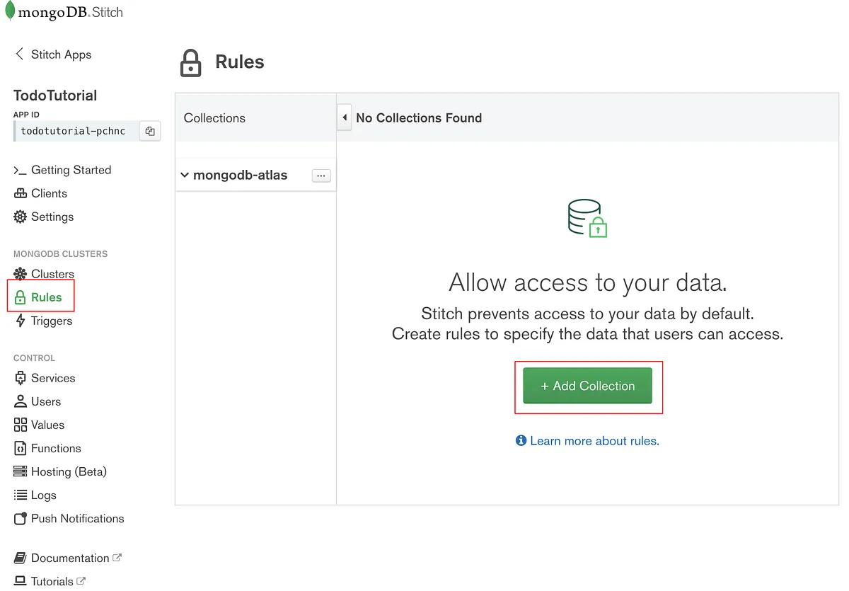 Stitch UI left navigation showing Rules under MongoDB Atlas