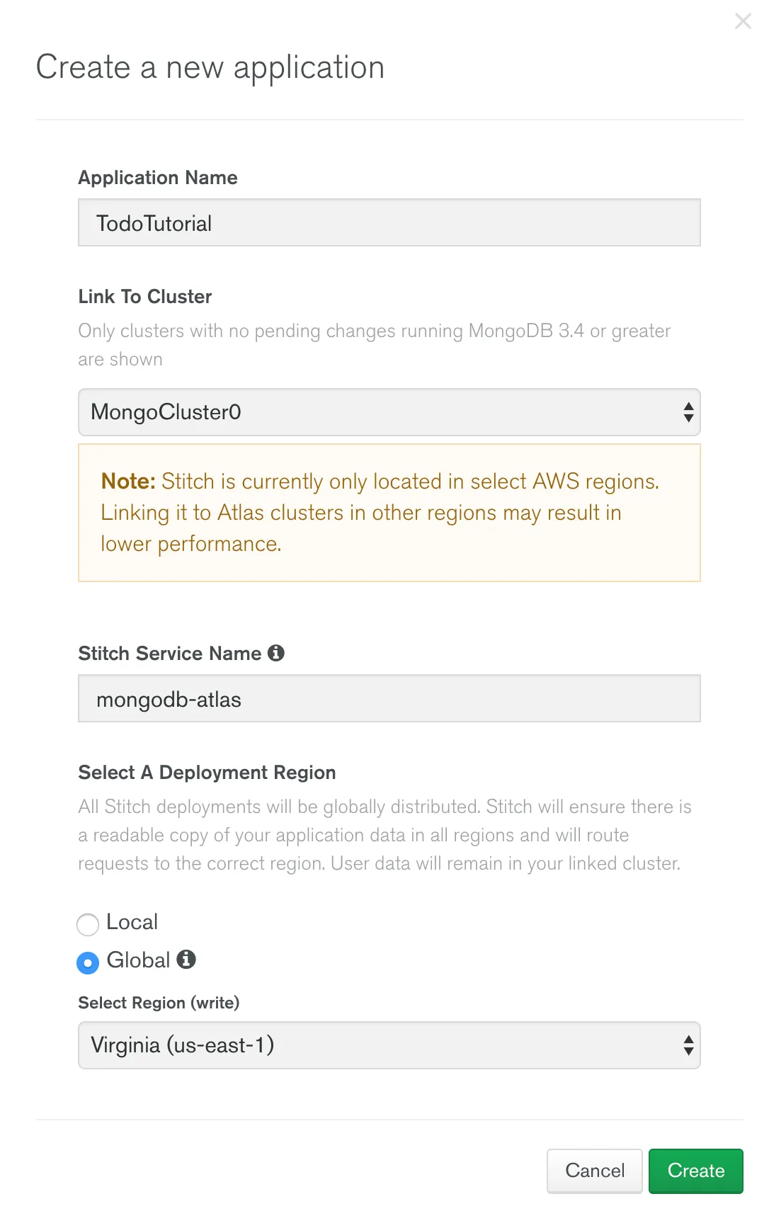 Naming a new Stitch application TodoTutorial