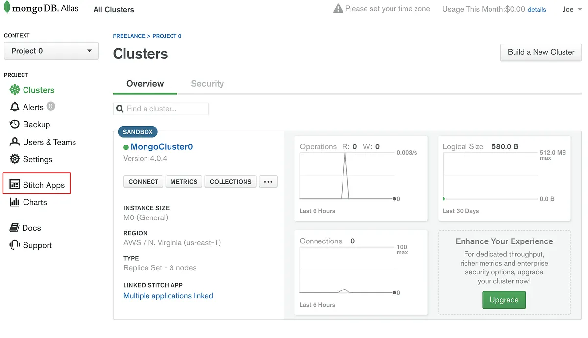 MongoDB Atlas left navigation showing Stitch Apps option