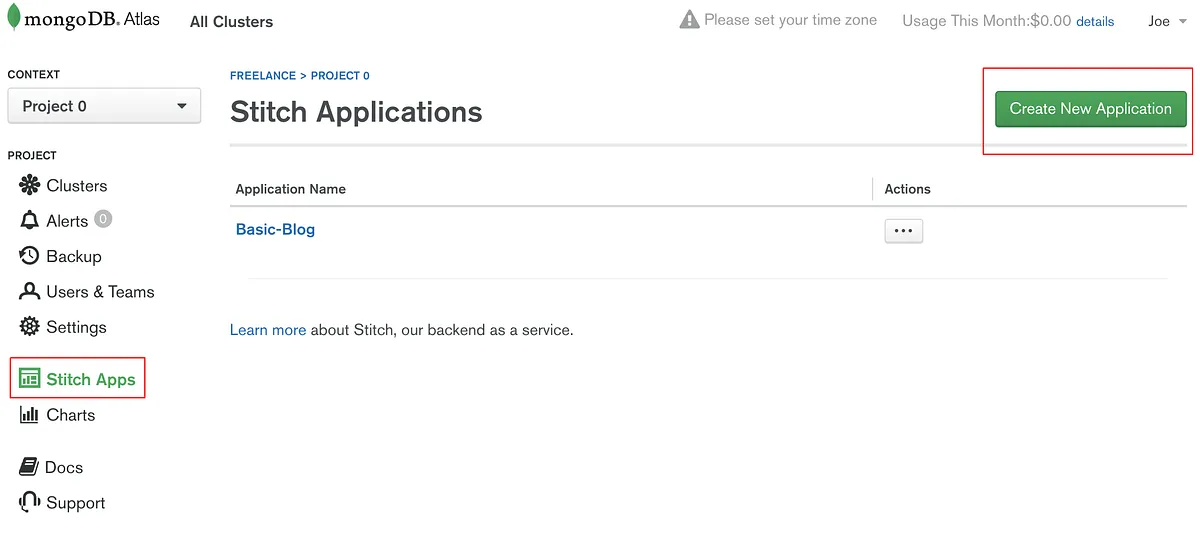 MongoDB Stitch Create New Application button