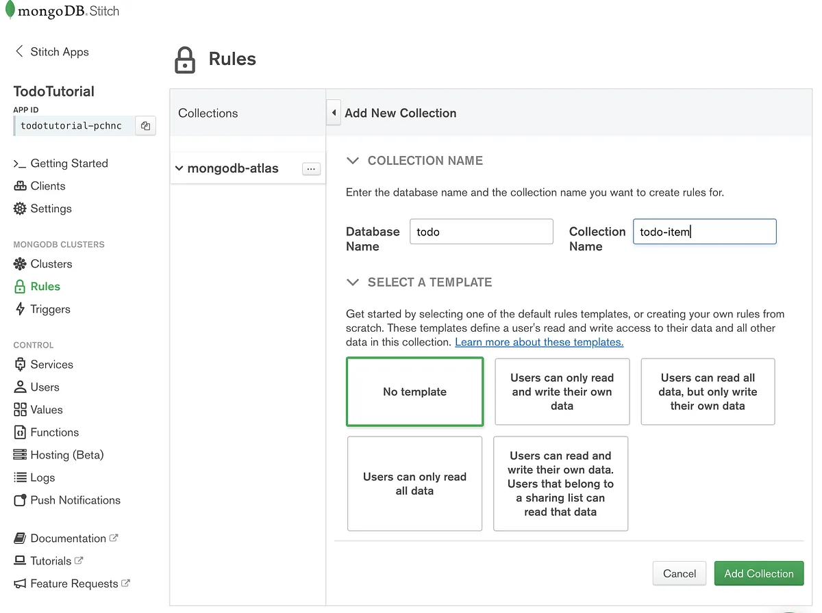 Add Collection dialog with todos database and item collection