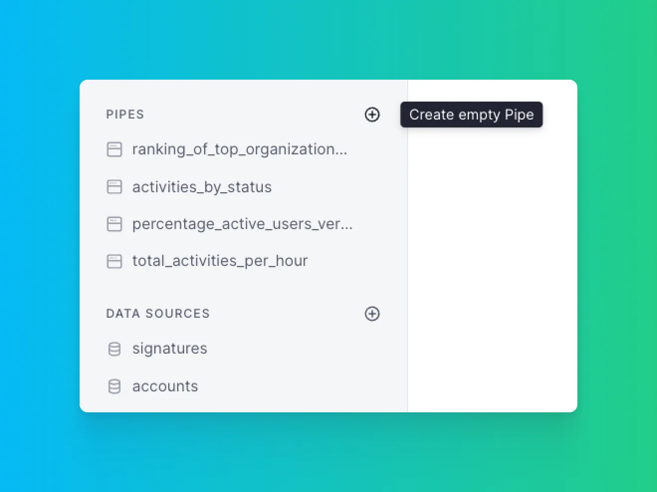 Tinybird Pipe SQL node filtering signatures by account and date range