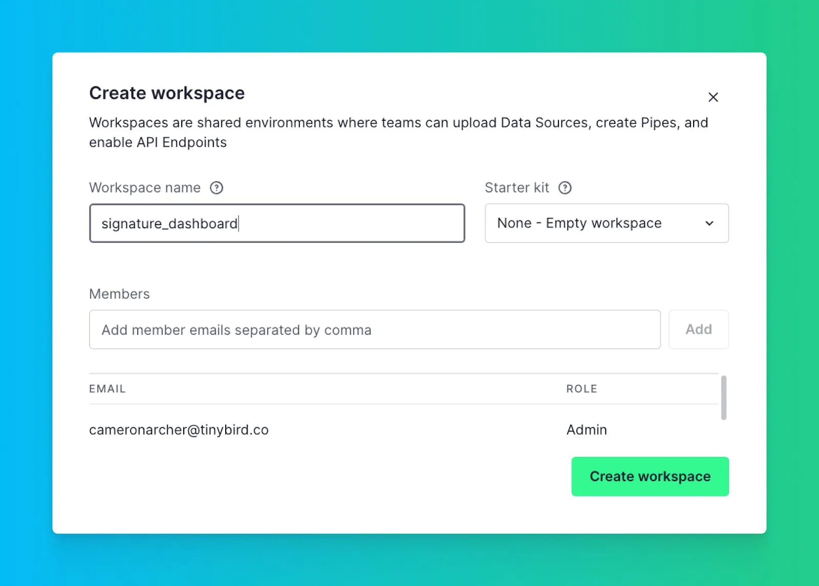 Tinybird create workspace dialog with signature_dashboard workspace name