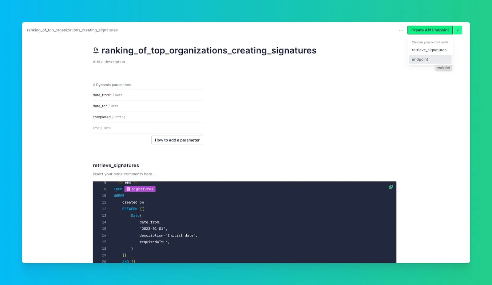 Tinybird Create API Endpoint dropdown selecting the endpoint node