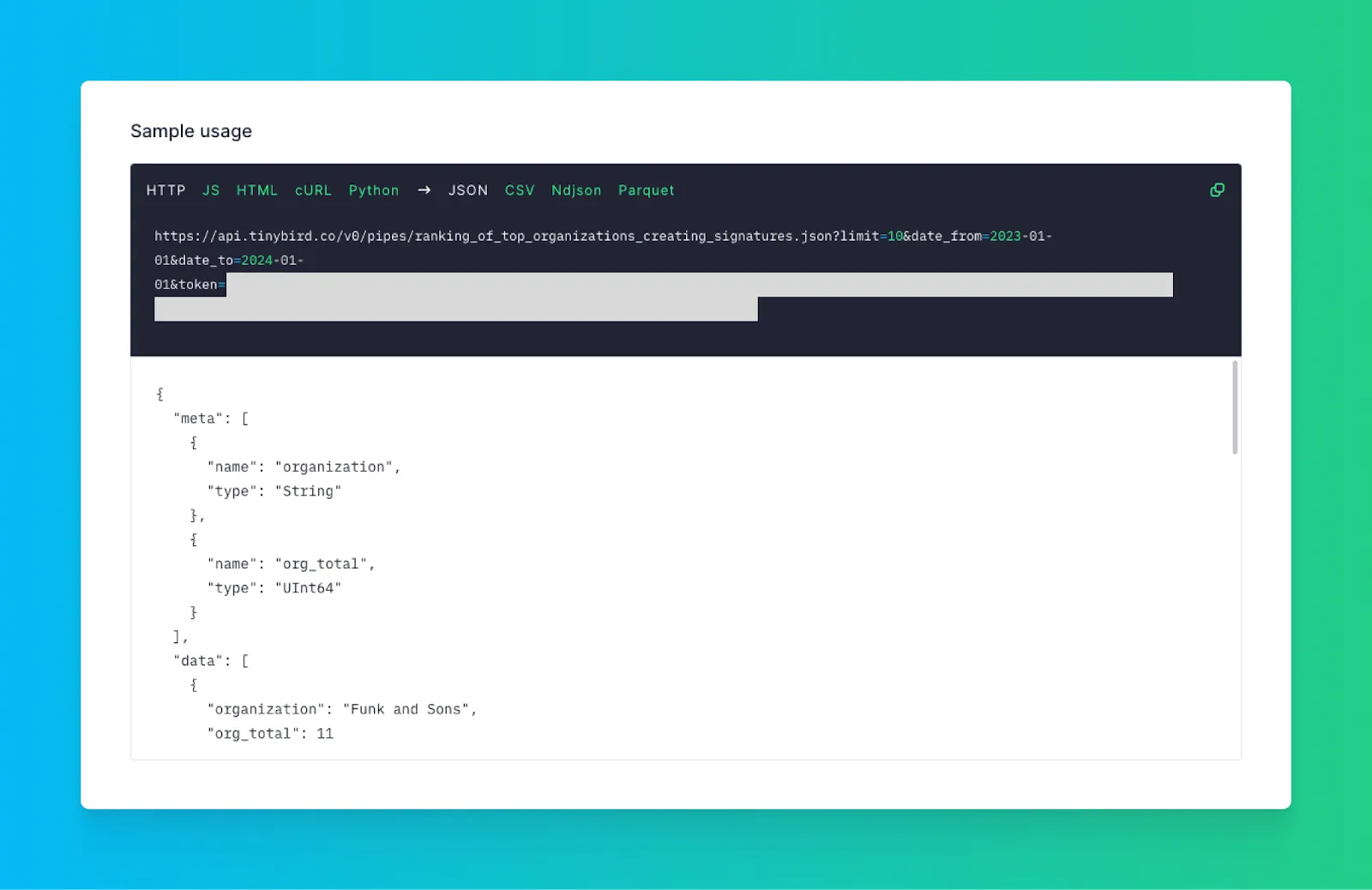 Tinybird API sample usage showing HTTP endpoint URL and JSON response with organization rankings