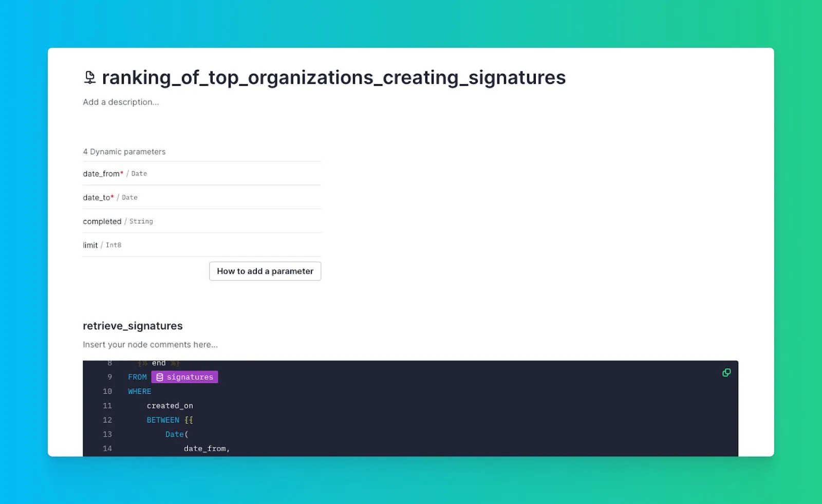 Tinybird pipe overview showing ranking_of_top_organizations with four dynamic parameters