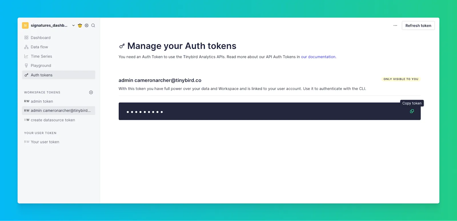 Tinybird auth tokens management page showing workspace and user tokens