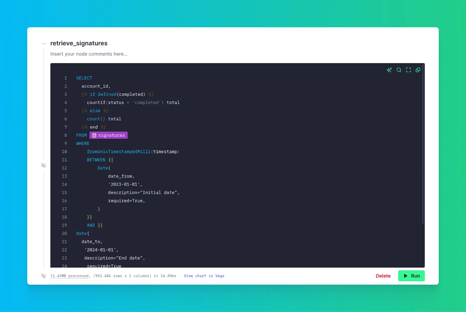 Tinybird retrieve_signatures pipe node with SQL query using dynamic date parameters