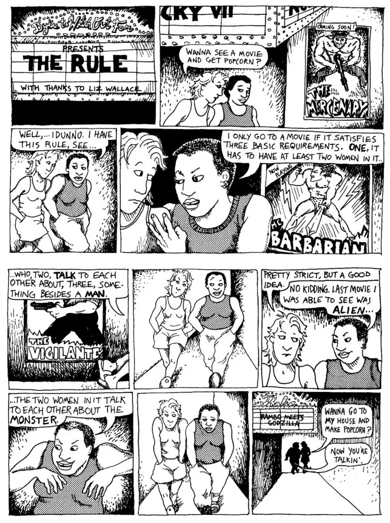 Comic strip explaining the Bechdel Test rule: a movie must have two women who talk to each other about something other than a man