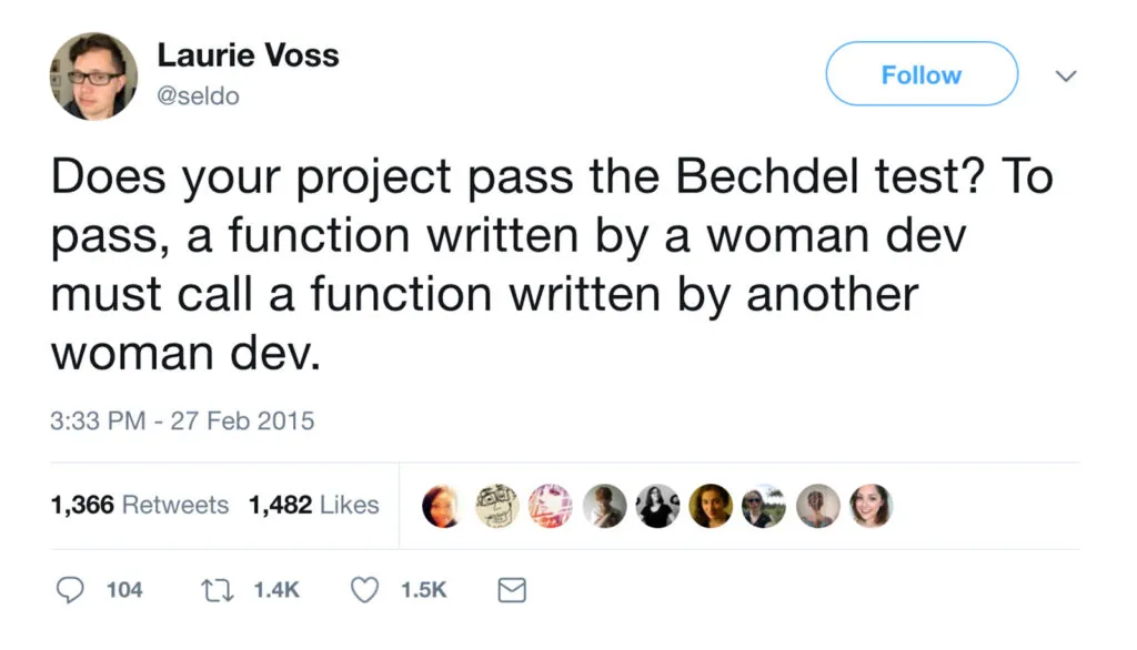 Tweet by Laurie Voss about applying the Bechdel test to code