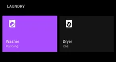 Home Assistant laundry tiles showing the washer running and the dryer idle