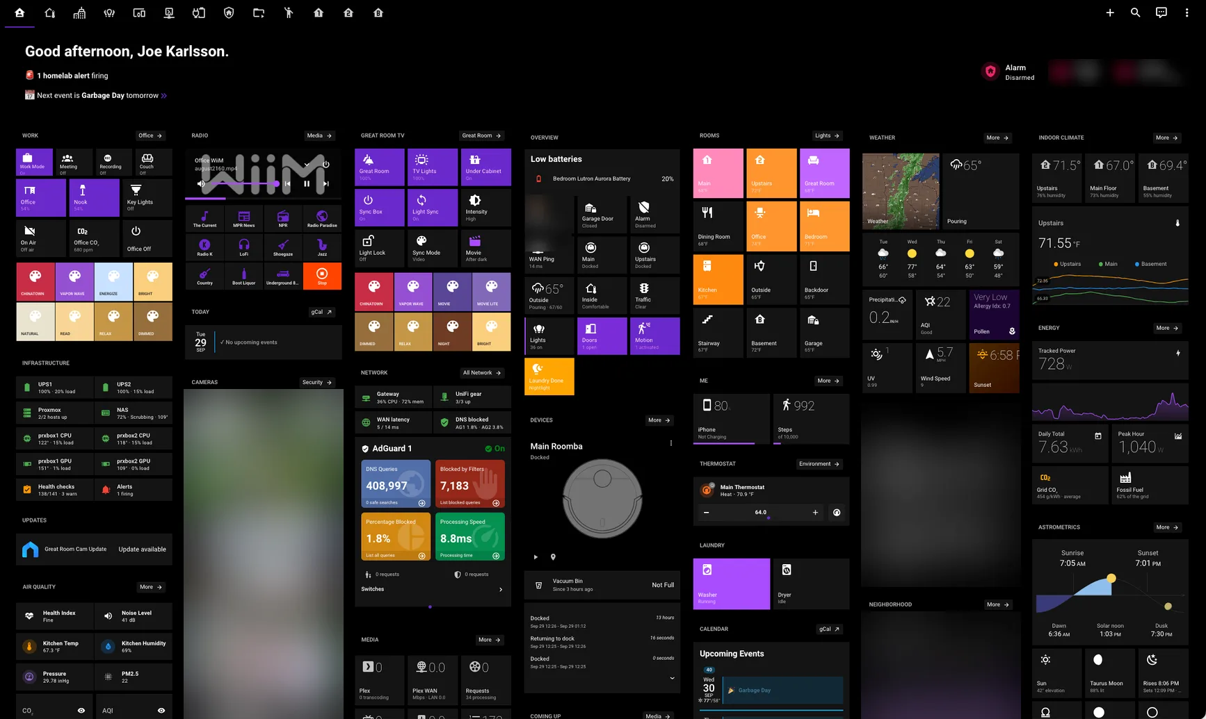 My Home Assistant main dashboard with scene tiles, room tiles, infrastructure health, energy, and laundry status