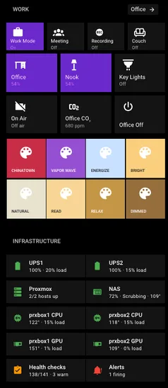 Home Assistant dashboard Work panel with Work Mode, Meeting, Recording, Couch, Office and Nook lights, Key Lights, On Air, and Office CO2 at 680 ppm, above an Infrastructure panel showing UPS, Proxmox, NAS, CPU and GPU temperatures, and health checks at 138 of 141