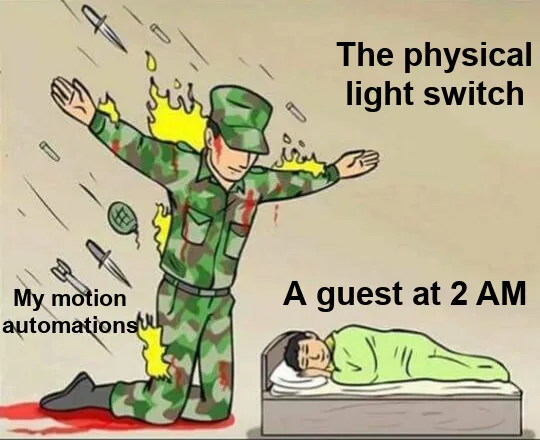 Soldier Protecting Sleeping Child meme: a soldier labeled "The physical light switch" shields a sleeping guest labeled "A guest at 2 AM" from flying weapons labeled "My motion automations"