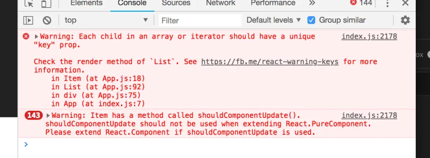 Console warning you should see if you do not supply a key