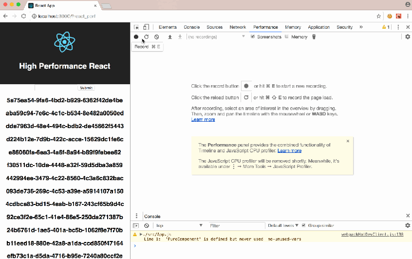 Performance comparison showing render time drop from 34ms to 16ms with keys