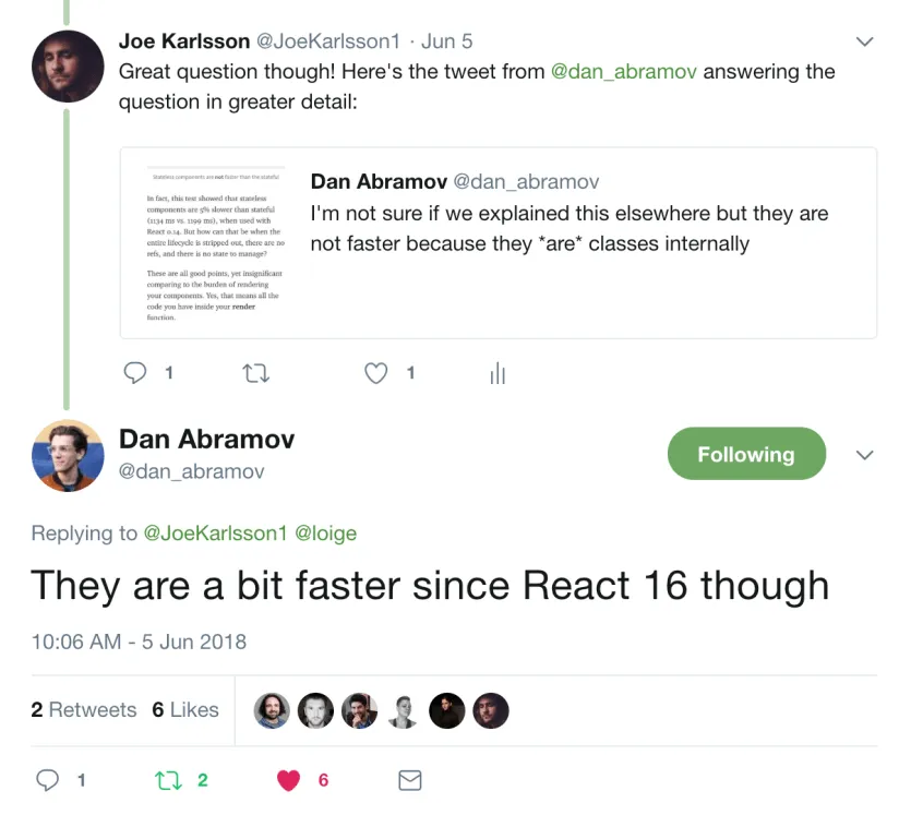 Tweet from Dan explaining that Stateless Components are faster in React 16+