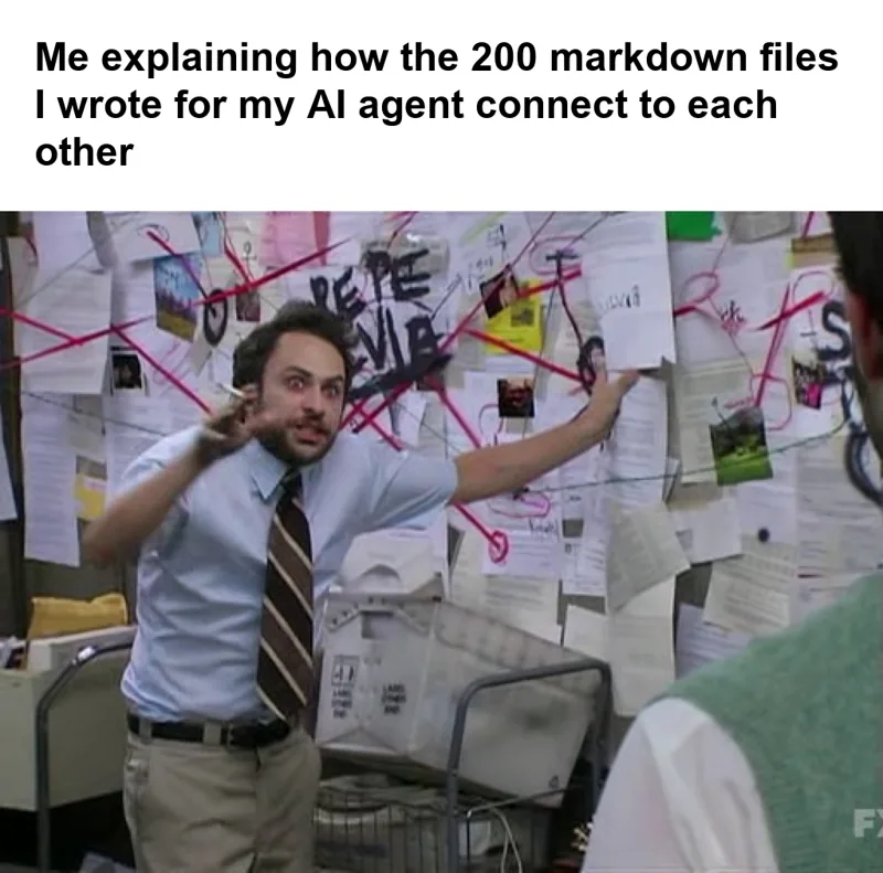 Charlie Conspiracy meme: Charlie from It's Always Sunny in Philadelphia pointing at a wall of papers and red string, captioned "Me explaining how the 200 markdown files I wrote for my AI agent connect to each other"