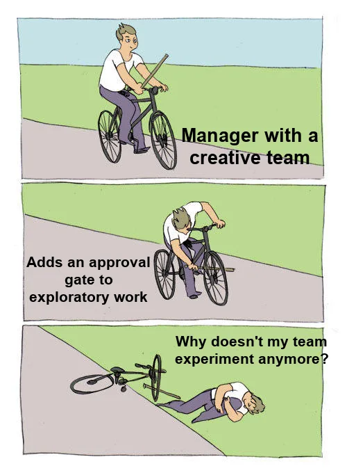 Bike Fall meme: a cyclist labeled 'Manager with a creative team' jams a stick in his own front wheel, captioned 'Adds an approval gate to exploratory work', then lies on the ground asking 'Why doesn't my team experiment anymore?'