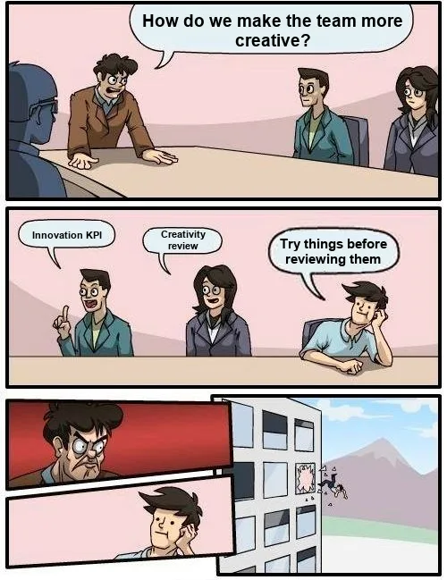 Boardroom Meeting Suggestion meme: the boss asks 'How do we make the team more creative?' Two people suggest 'Innovation KPI' and 'Creativity review'. The third says 'Try things before reviewing them' and gets thrown out the window.
