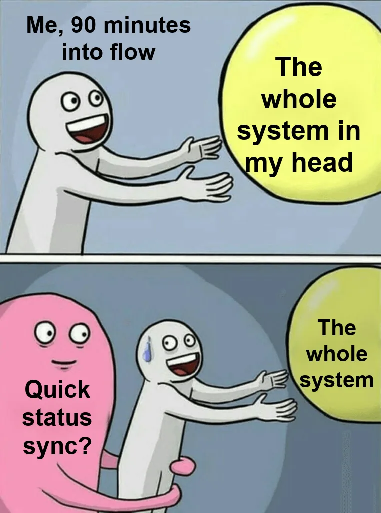 Running Away Balloon meme: 'Me, 90 minutes into flow' reaches for a balloon labeled 'The whole system in my head', then gets held back by a pink figure labeled 'Quick status sync?' as the balloon, now 'The whole system', floats away.