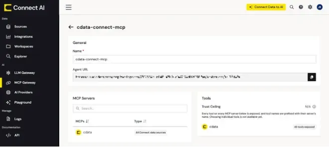 CData Connect AI MCP Gateway detail view showing the cdata-connect-mcp tool server, with the Agent URL field and the cdata MCP server listed as exposing all Connect data sources.