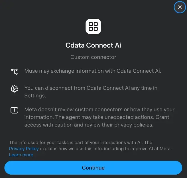 The Muse custom connector dialog for CData Connect AI, showing the API key input field and a Connect button before the user submits credentials.