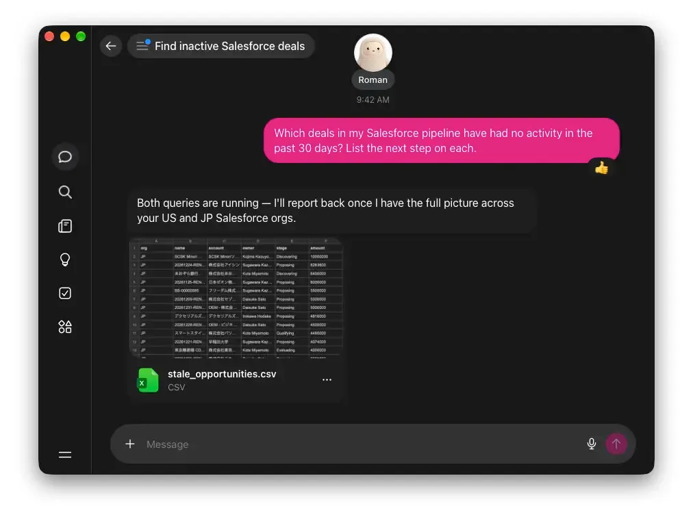 Muse chat answering "Which deals in my Salesforce pipeline have had no activity in the past 30 days?" with a stale_opportunities.csv file listing deals across US and JP Salesforce orgs