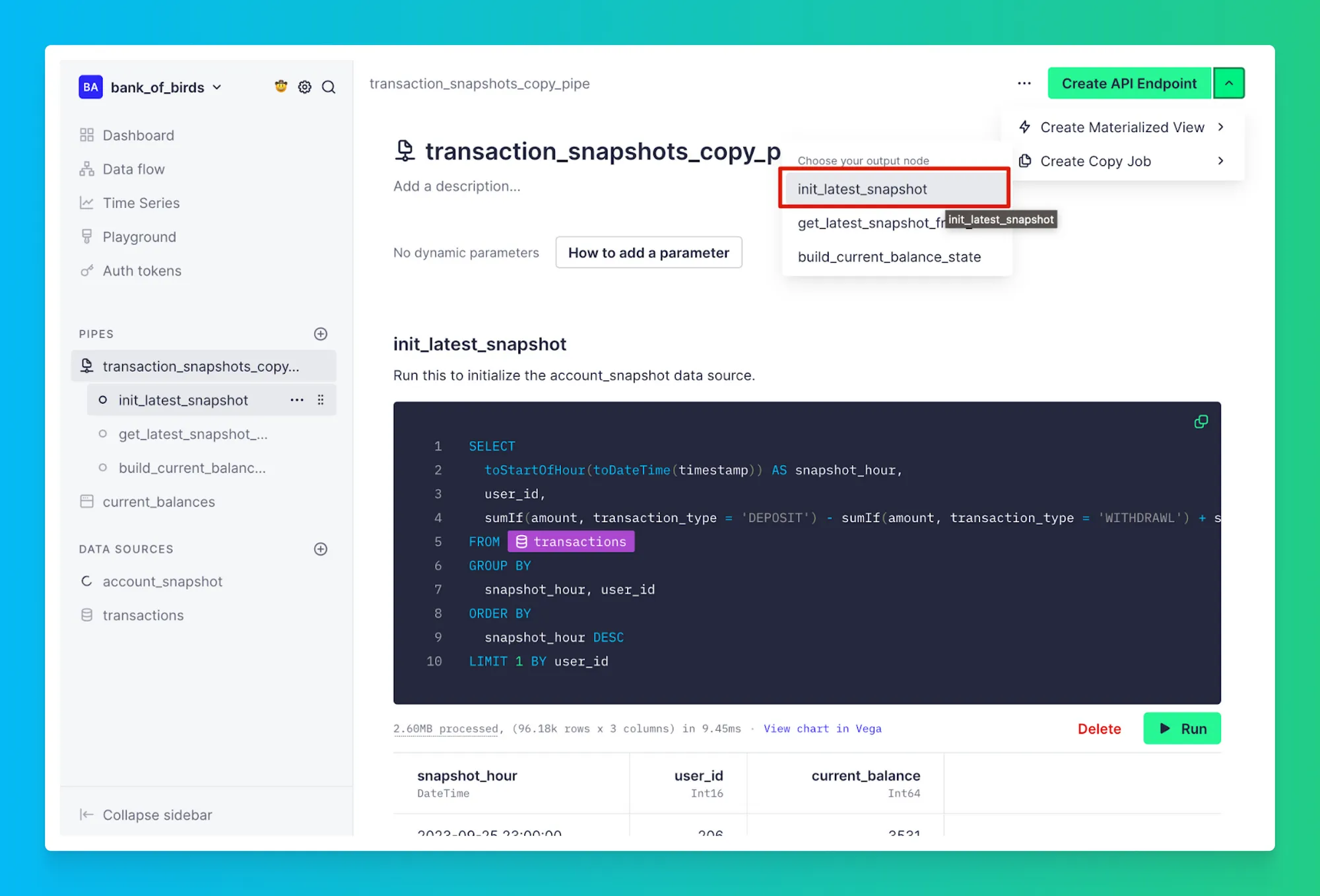 Tinybird UI showing the transaction snapshots copy pipe with SQL query