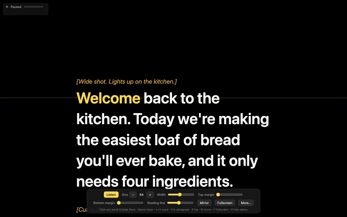 FollowSpot's toolbar at the bottom of the screen with Listen, text size, width, top margin, bottom margin, and reading line sliders, plus Mirror and Fullscreen buttons