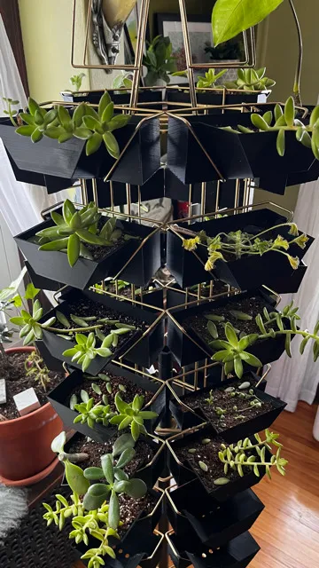 Side angle of the postcard rack planter with succulents planted