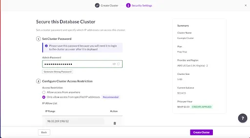 SingleStore Secure Database Cluster page with password setup and IP allow list configuration