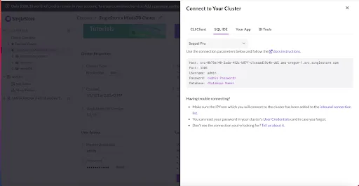 SingleStore Connect to Your Cluster dialog showing SQL IDE connection parameters for Sequel Pro