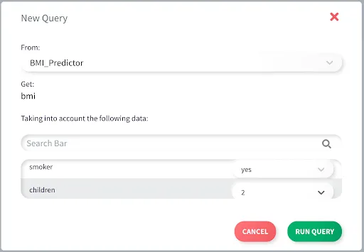 MindsDB new query modal using BMI Predictor with smoker and children inputs