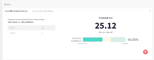 MindsDB prediction result showing BMI of 25.12 with 46% confidence