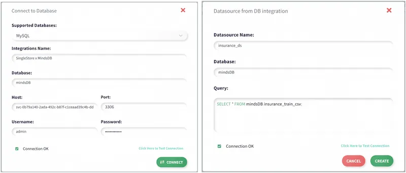 MindsDB connect to database and datasource integration dialogs for SingleStore