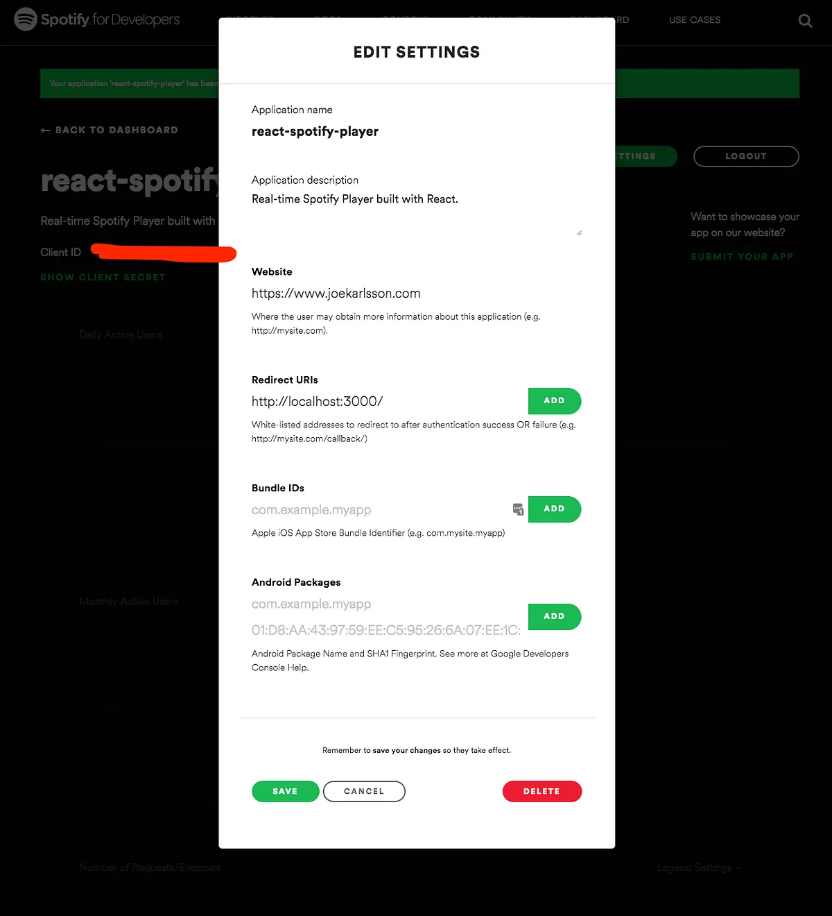 Setting redirect URL to localhost:3000 in Spotify app settings
