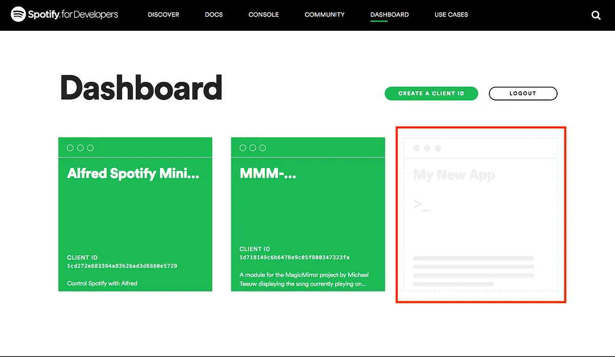 Spotify Developer Dashboard showing My New App button