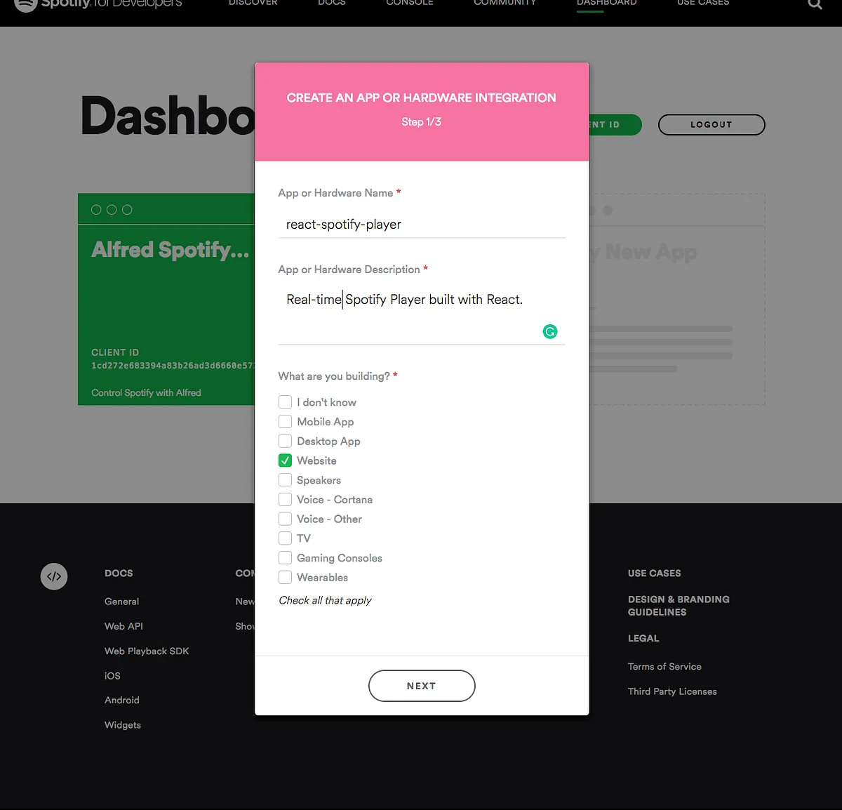 Spotify app registration form