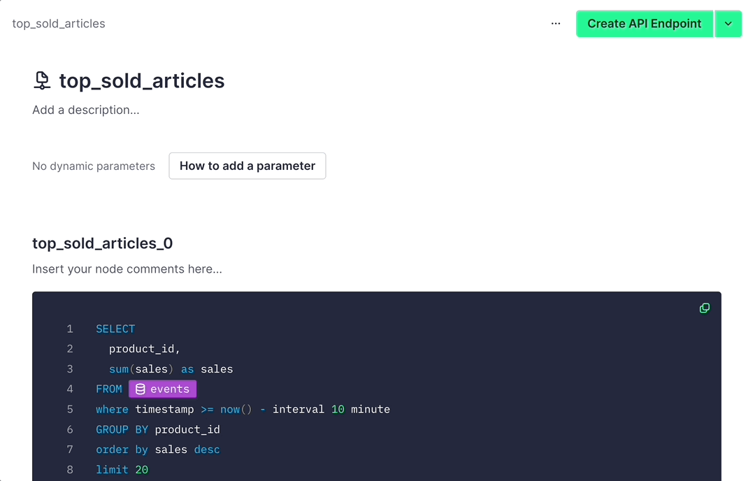 Tinybird publishing a SQL query as an API endpoint