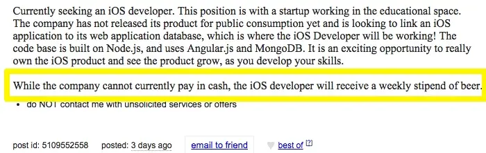 Craigslist ad offering weekly beer stipend instead of pay for iOS developer
