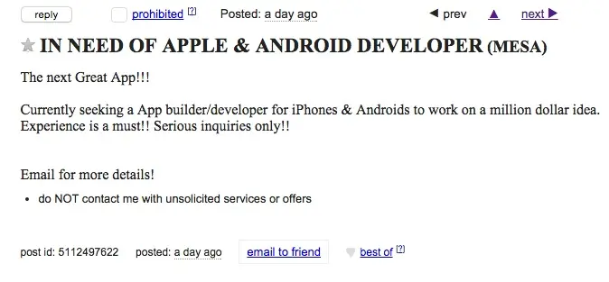 Craigslist ad seeking app developer for a million dollar idea