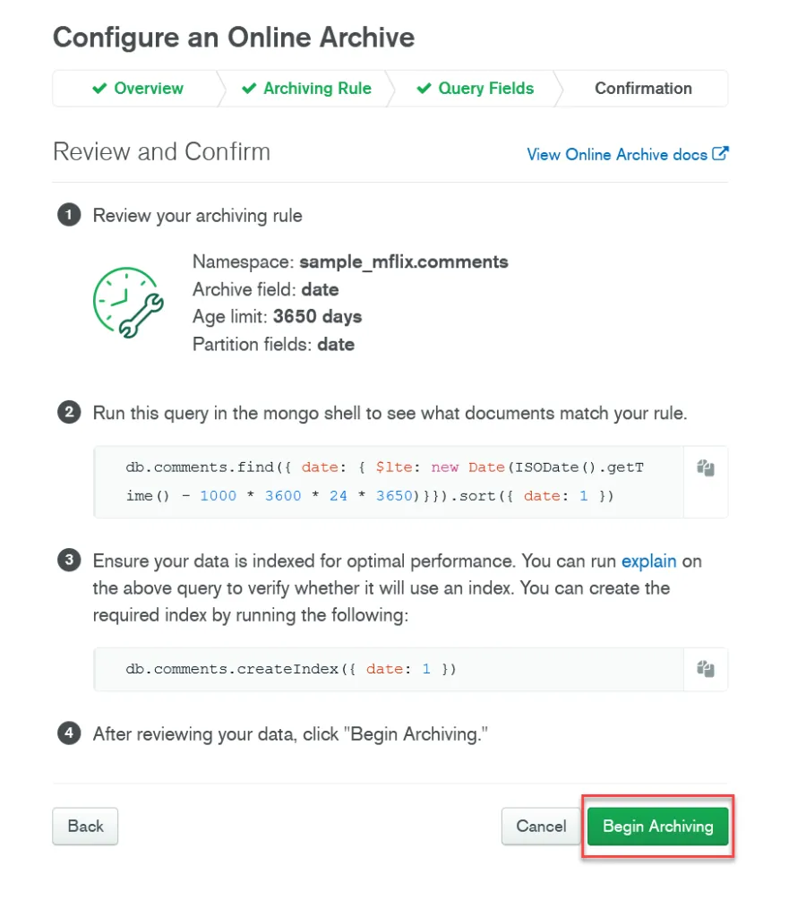 Screenshot from Atlas Online Archive configuration page with a red rectangle highlighting the Begin Archiving button.