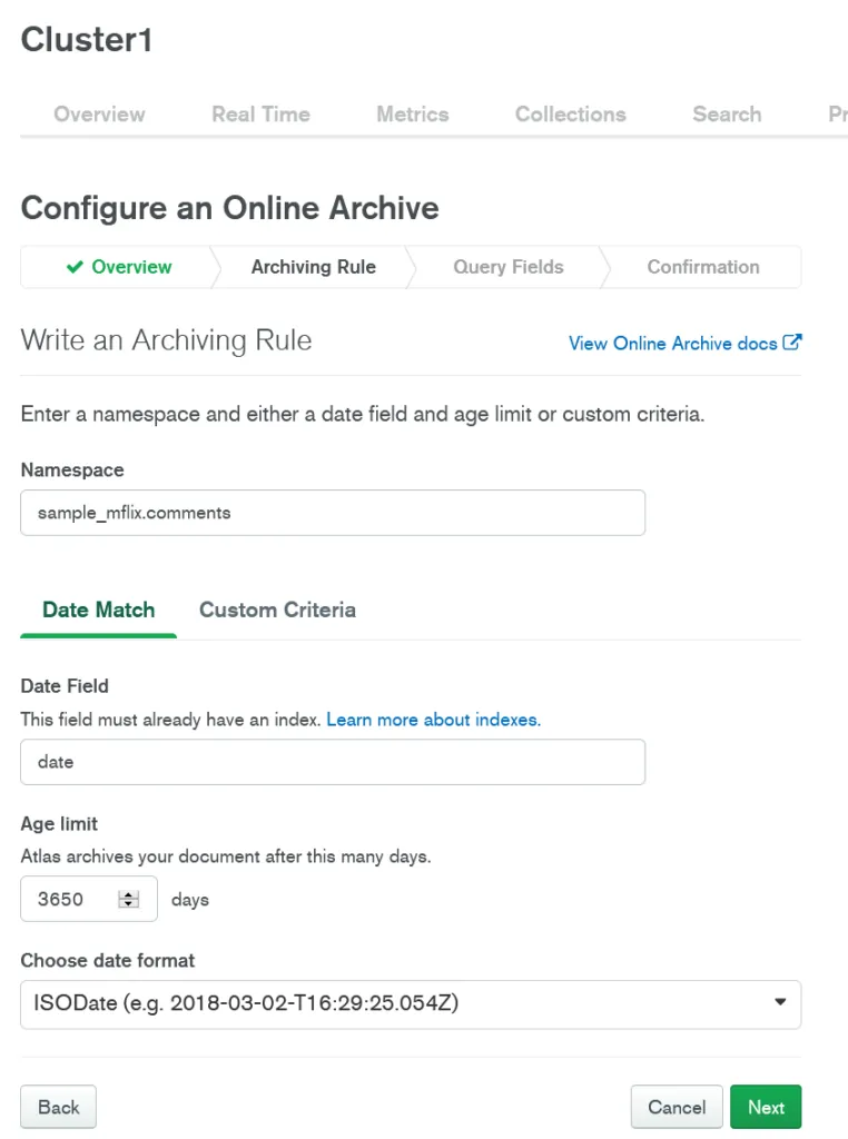 Screenshot from Atlas Online Archive configuration page showing the fields as filled in for this demo.