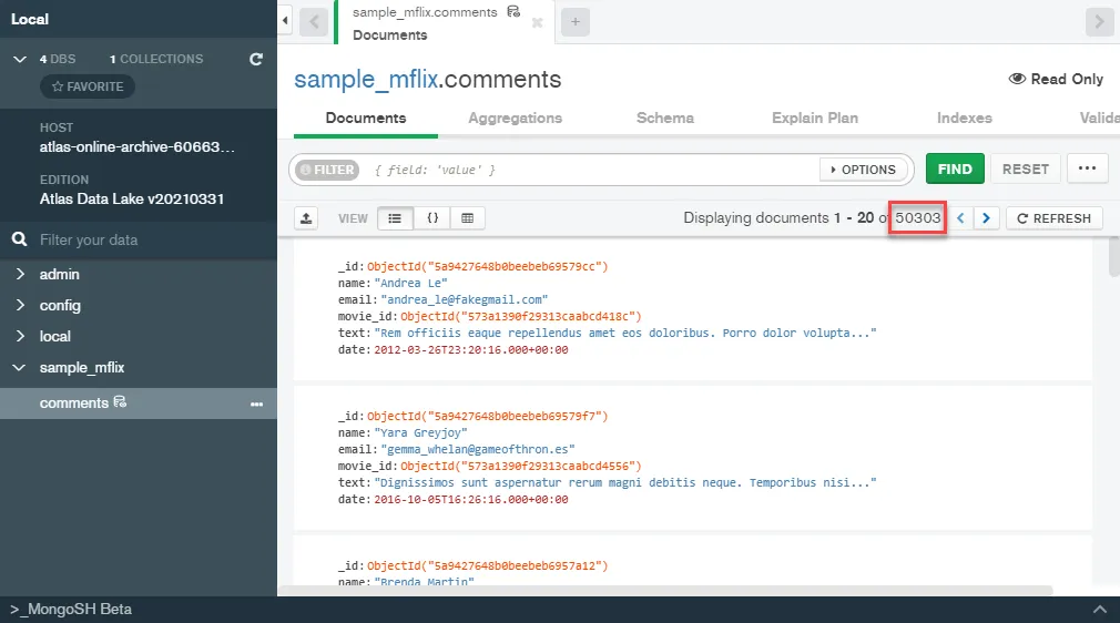 MongoDB Compass showing sample_mflix.comments collection with 50303 documents