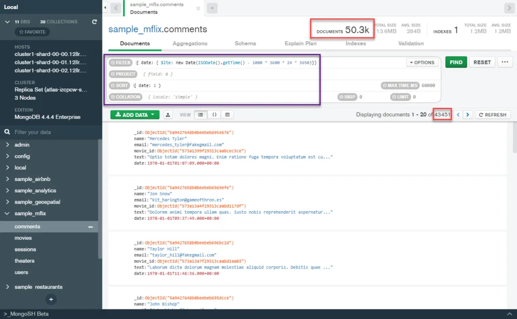 Screenshot from MongoDB Compass with a red rectangle around the total documents in the collection, 50.3k, and a red rectangle around the number of documents that would be archived by this query, 43,451. There is also a purple rectangle highlighting the query used to test our Online Archive rule.