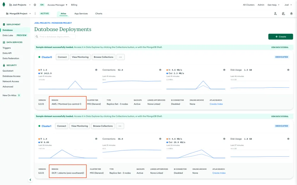 Screenshot of MongoDB Atlas Cluster overview page. There are red boxes highlighting that the two clusters used in this example are being hosted in two different cloud providers, AWS and GCP.